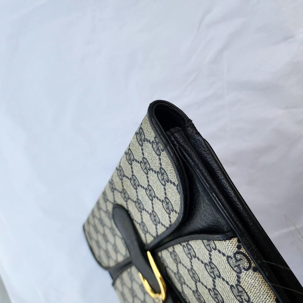 VINTAGE Gucci GG Web Coated Canvas Shoulder Bag Blue White Leather Trim Chain - Picture 6 of 14
